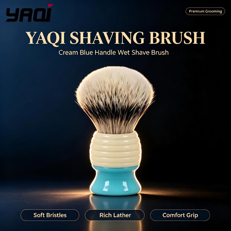 Men'S Grooming Cream - YAQI แปรงโกนหนวดสำหรับผู้ชาย แปรงสองสีสีฟ้าครีม ด้ามจับมีลายริ้ว พร้อมที่ทำฟอง สำหรับช่างตัดผม