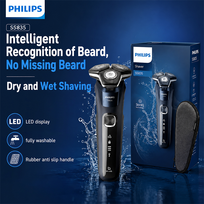 Mens Grooming Travel Kit - เครื่องโกนหนวดไฟฟ้า Philips S5835 แบบโรตารี่ ใช้งานได้ทั้งแบบเปียกและแห้ง หัวโกนปรับหมุนได้